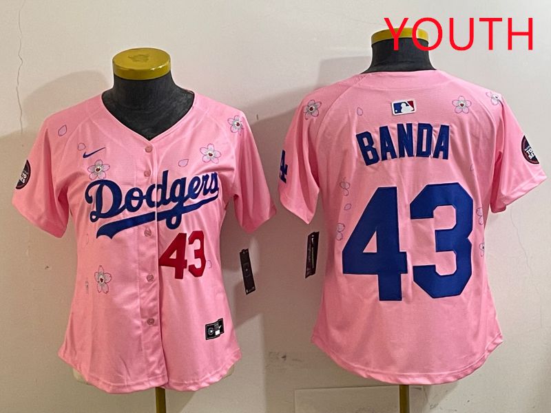 Youth Los Angeles Dodgers 43 Banda Pink White Blue Sakura Edition 2025 Nike MLB Jersey style 5